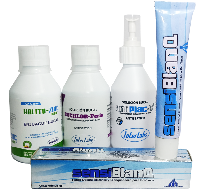 INTERLABS productos salud oral: SOLUCIÓN BUCAL VÁLVULA SPRAY ANTIPLAC-B® Digluconato de Clorhexidina al 0.2%, Profilaxis SENSIBLANQ Pulido Dental (Perlita), Desensibilizante Dentinal (Arginina) y Blanqueador Manchas Exógenas (Hexametafosfato de Sodio), ResinBilliant GEL DENTAL TRASLÚCIDO Abrillantar y Pulir Resinas Dentales.Faringoamigdalitis, Gingivoestomatitis Herpética, Gingivitis, Periodontitis, Caries (remineralización) y demás enfermedades producidas por la Placa Bacteriana, Profilaxis dental, Desensibilizante Dentinal, Desensibilización después de Tallar un Diente, Desadaptación de los Provisionales ó Temporales, Pre y post Blanqueamiento Dental, Hipersensibilidad post Talla Dental en Caries y Muñones, Post Detartraje y Alisado Radicular.